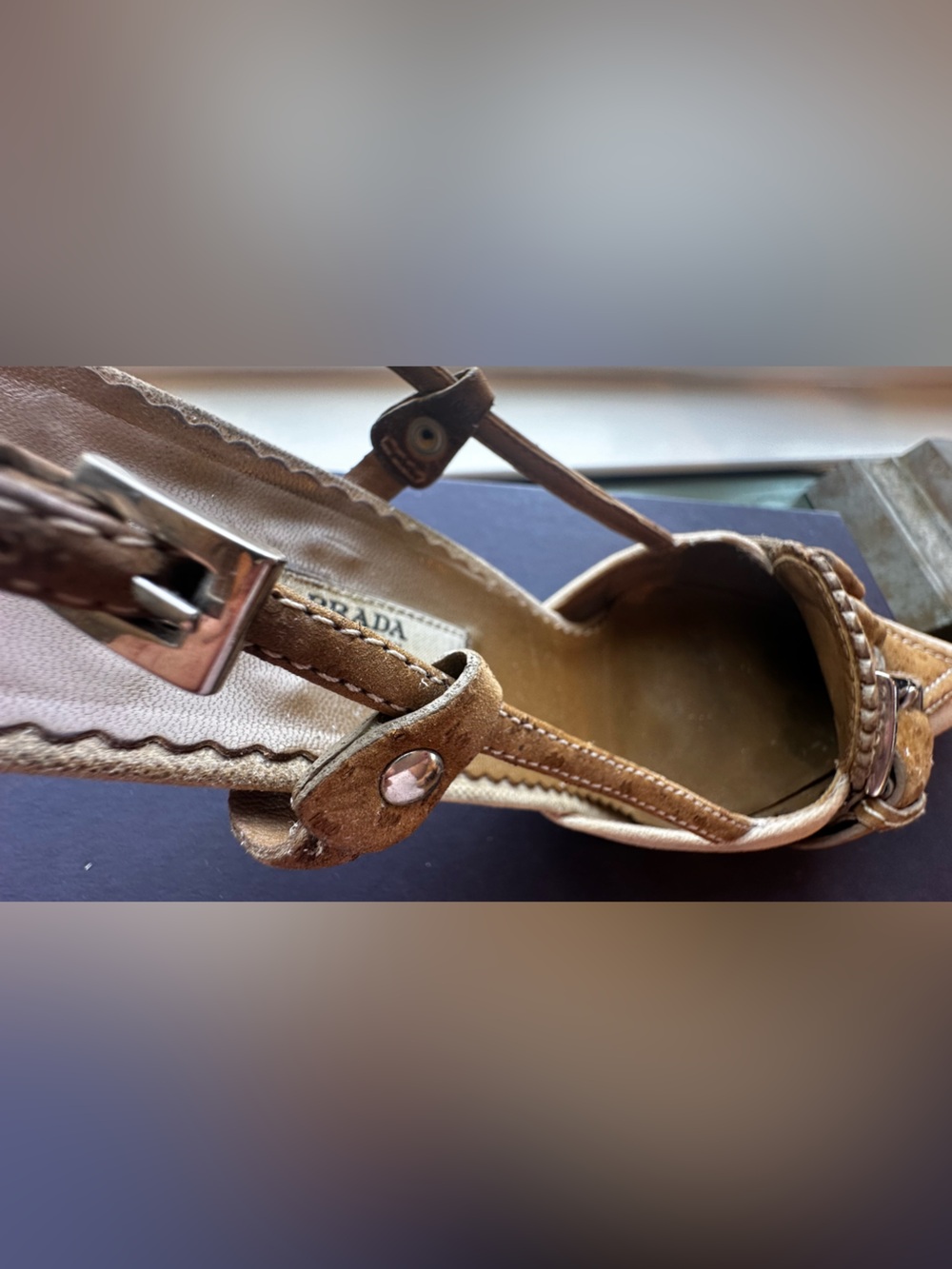 Vintage Prada Beige Canvas Pointed Toe Buckle Slingback Heels - Picture 13 of 16